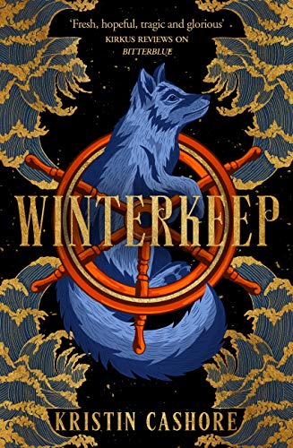 The UK cover of the book Winterkeep. A blue fox stands in a ship's steering wheel in front of a black background. Blue and gold waves decorate the four corners.