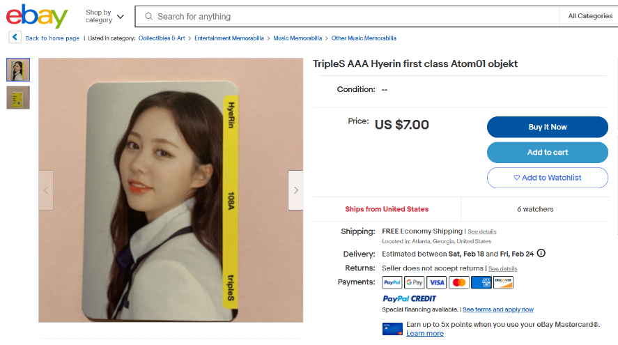 A screenshot of an Ebay listing for a photocard of TripleS member Hyerin, listed for $7