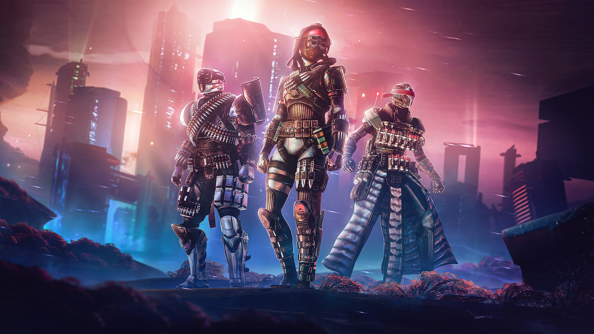 A Titan, Hunter, and Warlock stand in new Lightfall gear in front of Neomuna's landscape.